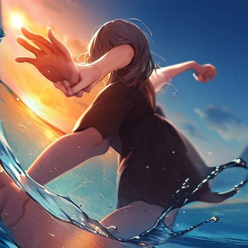 Clear Focus, High resolution, two girls holding hands running on water on sunset, extreme close up