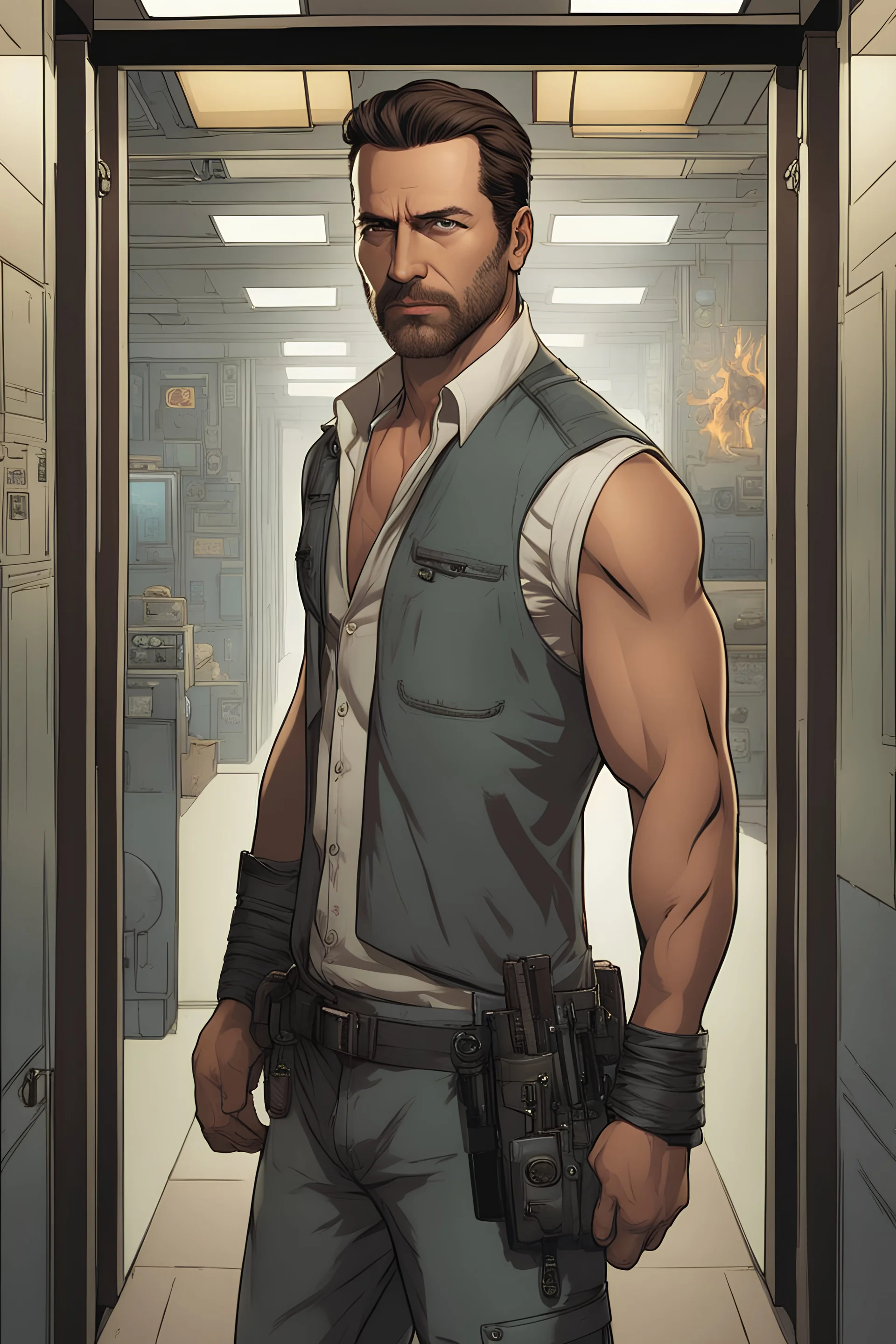 Male, 40 years old, cyberpunk, brown hair, wearing an chemise and pants, background corridor, comic book style