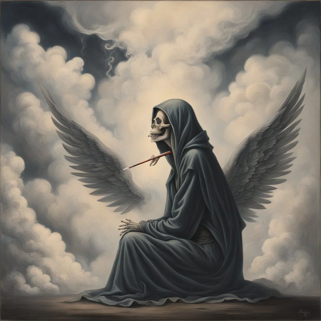 women sitting forward Her face turned upwards and blows cigarette smoke from their mouth. It depicts a figure with wings emerging from its back. a hooded skeleton can be seen behind the clouds of smoke.