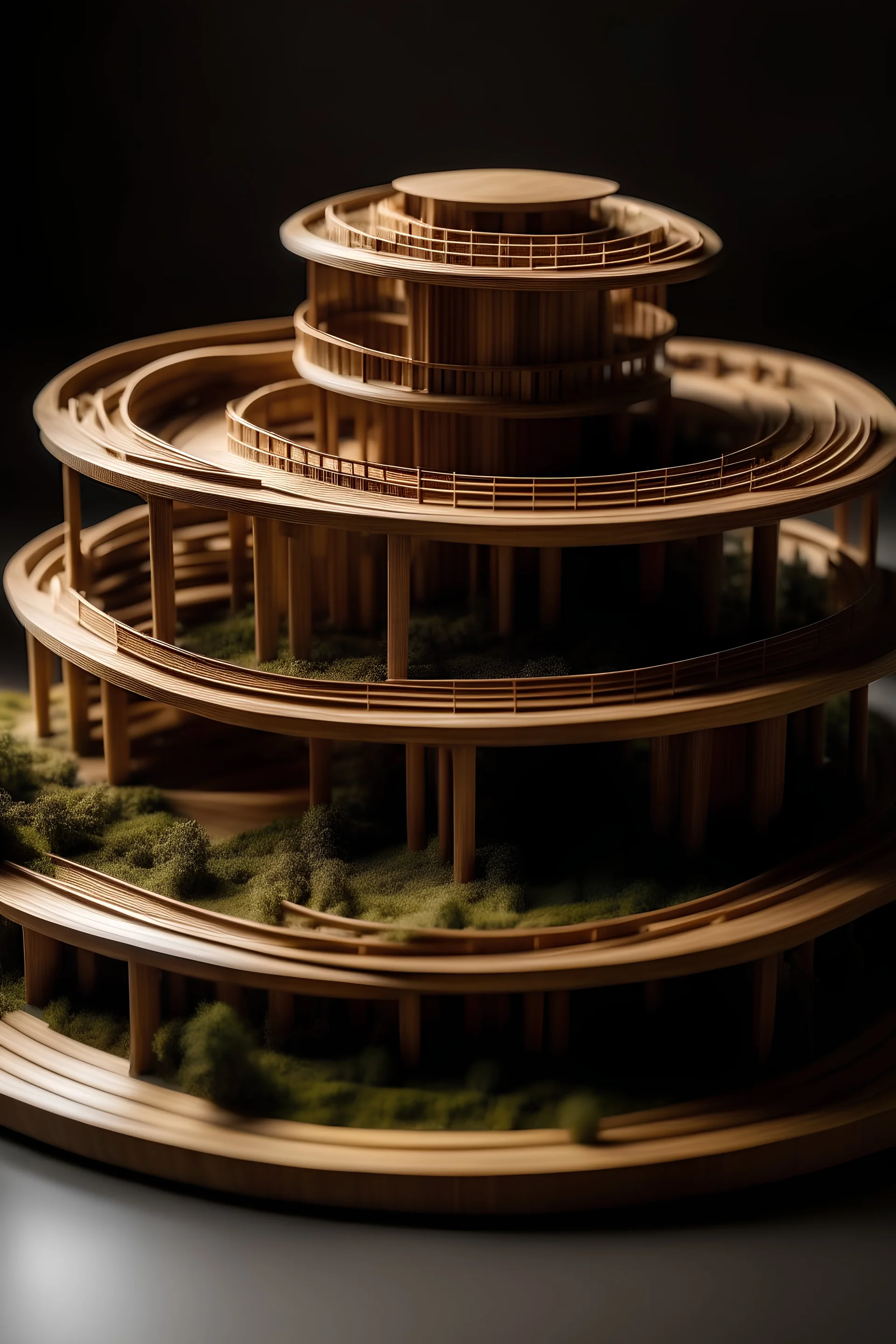 Maqueta arquitectónica de un ecolodge circular hecho con madera