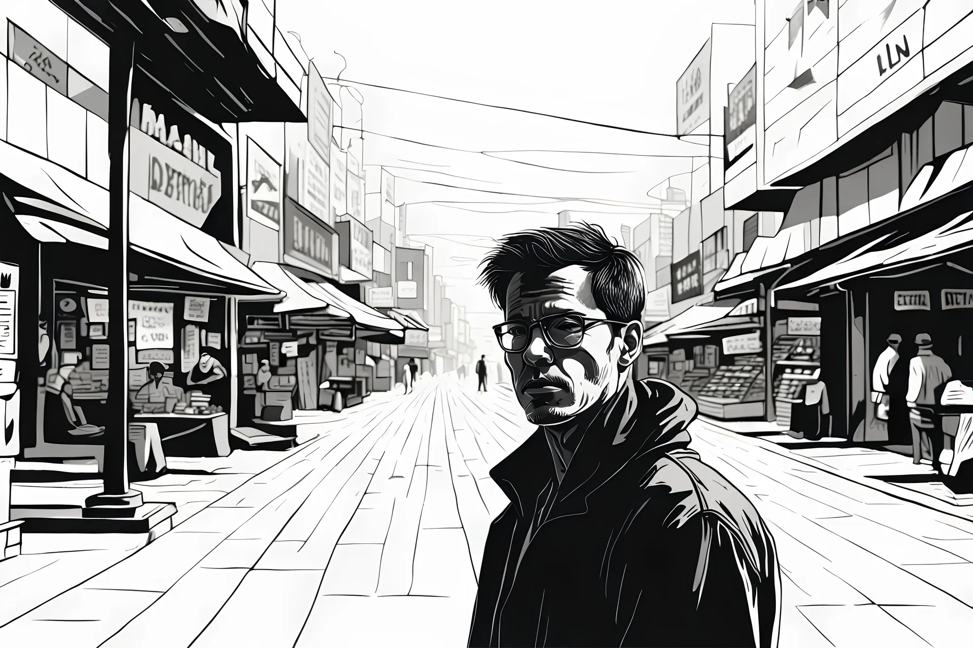 generate an image like a draw minimal style black and white pencil style, a Lonely man in Public destroyer market