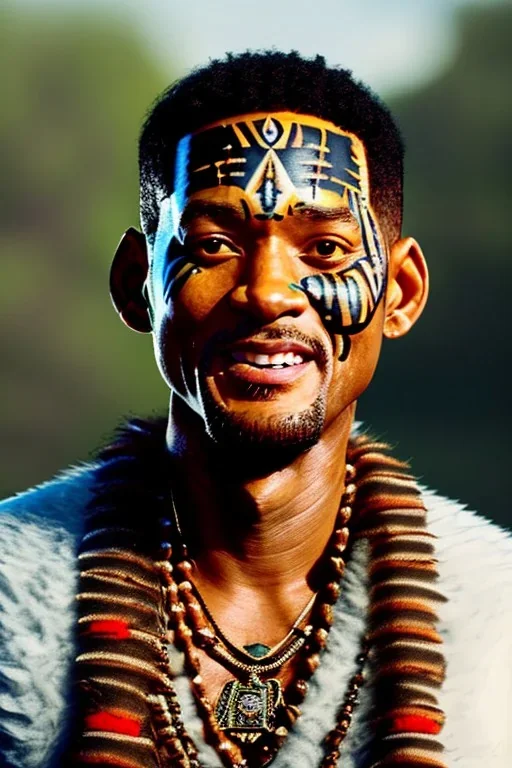 ein perfektes bild von will smith als azteke,kopf portrait,realistic, indianer,gesichtsbemalung, perfect face, sharp focus, woods, kostüm, häuptling, federn,