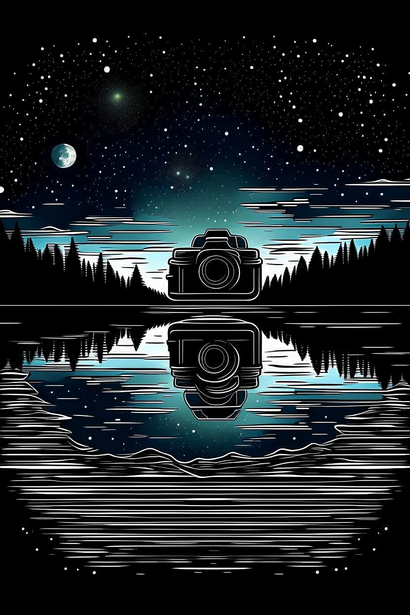 A sleek, digital camera rests on a weathered log, capturing a starry night sky reflected in a still mountain lake. The Milky Way stretches across the canvas, with a lone figure gazing upwards in wonder. Style: Geometric, Mood: Dreamlike, Lighting: Cool, starry night with a touch of moonlight on the lake, T-shirt design graphic, vector, contour, white background.