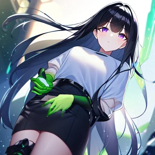 Clear focus,High resolution, Black long straight hair, Long bangs, and purple eyes, Looking down on you, wearing a sleevless white shirt, tight, green tattoos on one arm, wearing a short skirt that is dark blue, wearing long black boots