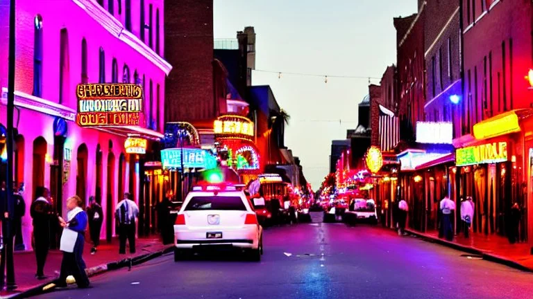 A police Tesla Cybertruck is chasing a Tesla 'Model S Plaid' at top speed, Bourbon Street, in New Orleans. CINEMATIC. WIDE ANGLE LENS.