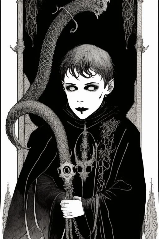 7 year old boy, necromancer, friendly, looks dead,with a lamprey serpent , wearing black robes, in the style of Harry Clarke