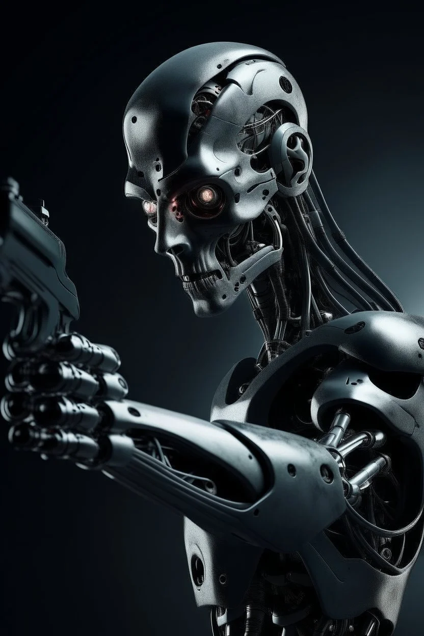 a scary cyborg with a gun searching for humans looking right and far away