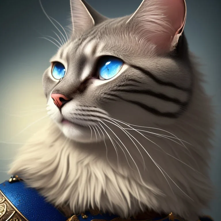 a cat with blue eyes wearing a medieval helmet, high detail, photo, 8k, ray-tracing