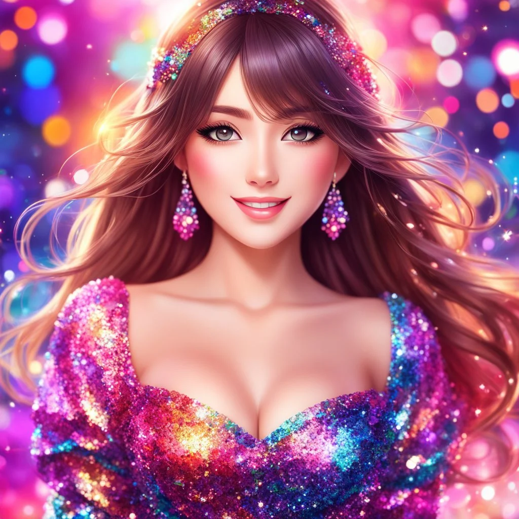 Beautiful anime girl with a dress fully covered with many colorful sequins, front view, beautiful anime portrait, realistic anime face, long shiny hair, glowing eyes, beautiful face, rosy cheeks, red lips, smile, colorful bokeh background, sparkles, gorgeous, detailed, correct face structure, correct anatomy