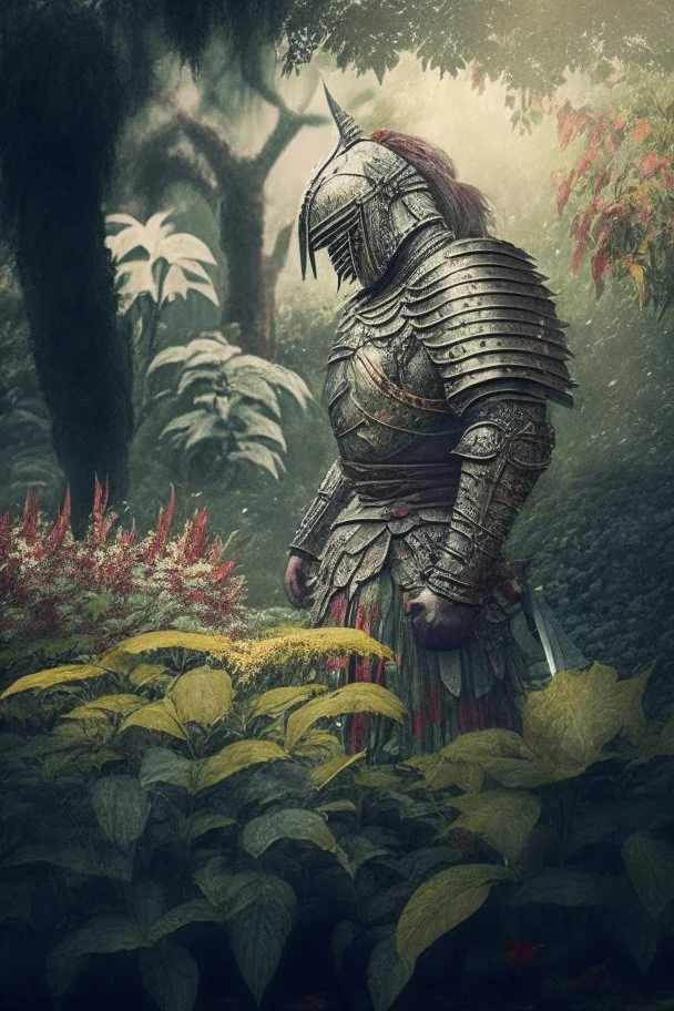 A warrior in a garden