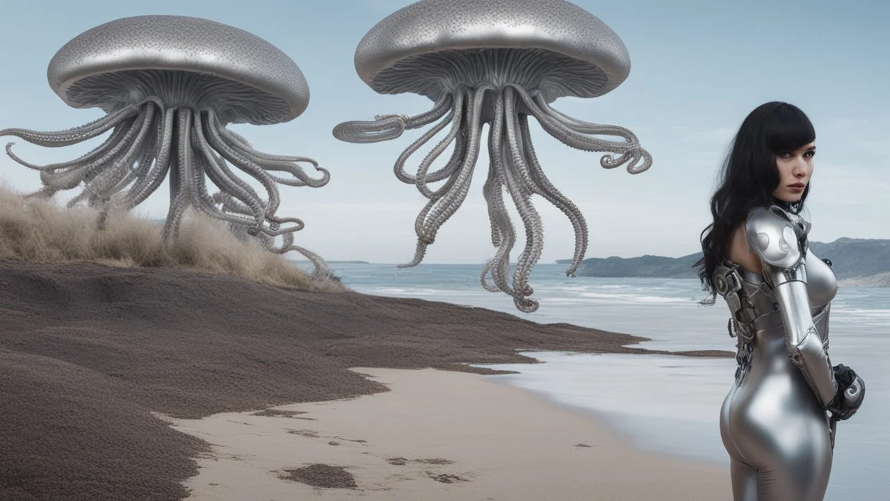 A woman with dark hair in a silver robotic catsuit, standing on a beach, flying mushrooms with octopus tentacles floating above her