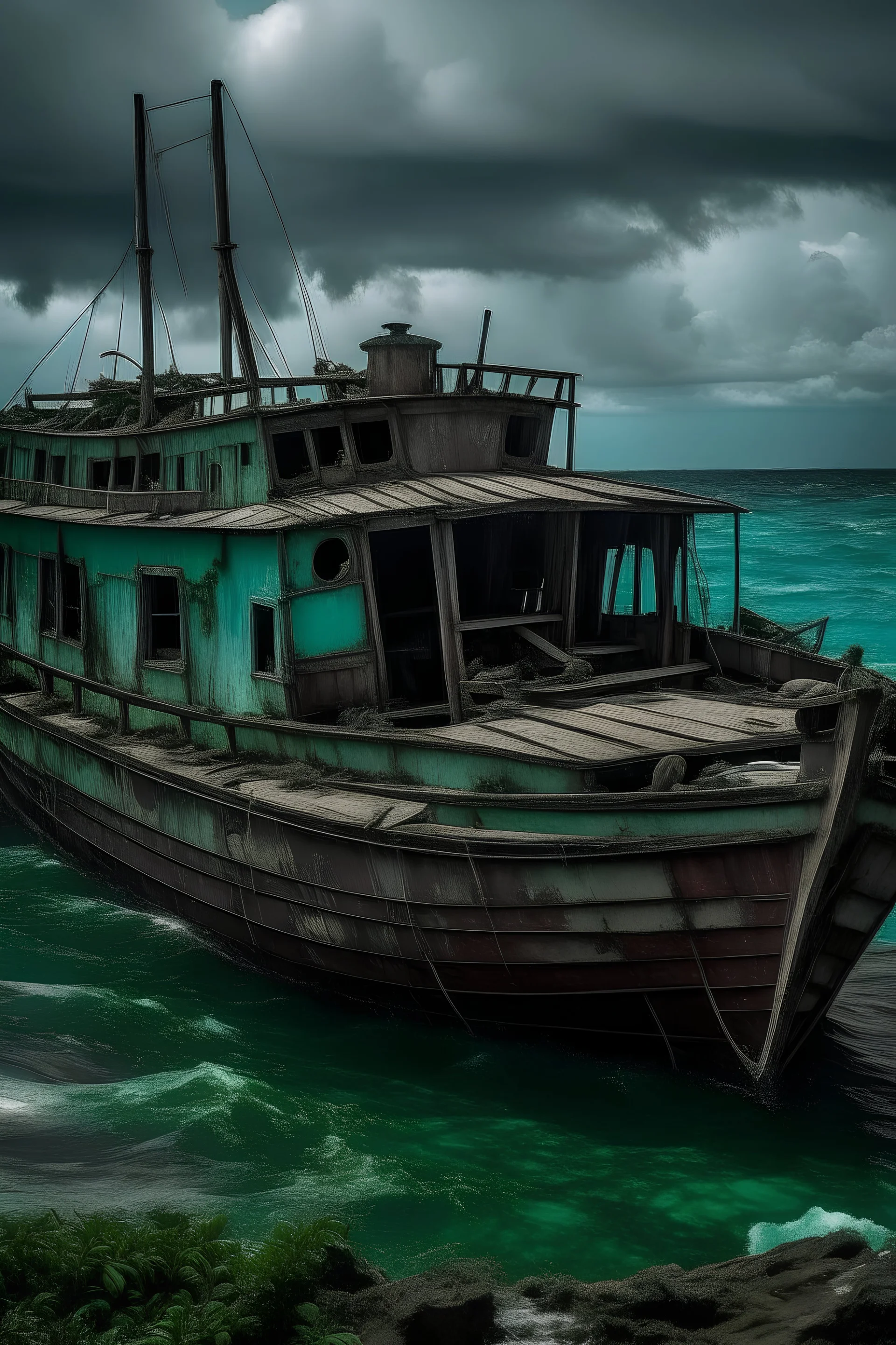 a boat ruin comming back from the bermuda triangle, bad qualaty, no people, big wawes, the boat is very very far away, the boat has a lot of algie on it. realistic, it is sad weather outside