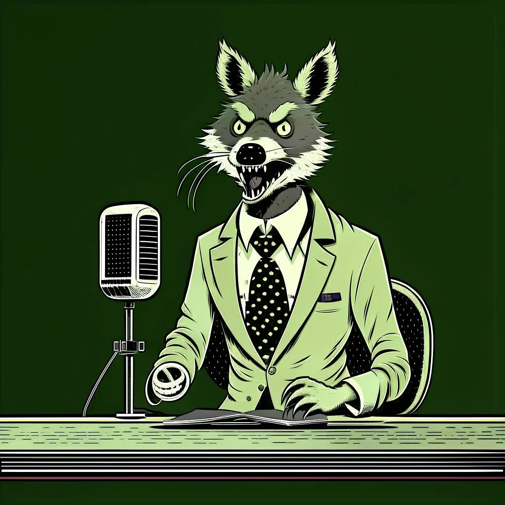 Hyena in a suit and tie, as an announcer sitting at the transmission table with a microphone presenting a newscast. Sandro Botticelli style. Ultra quality