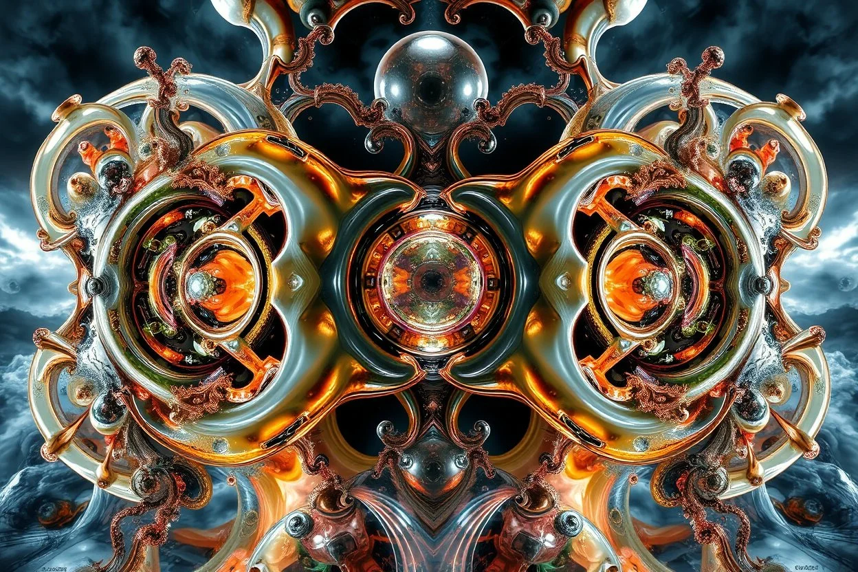 Dynamic complex hypnotic fractal 3D Symmetrical structures with mirrors twisting and morphing between organic and geometric forms , smooth translucent iridescent glass with inner glow and bubbles, varied transparent materials, stormy skies, intense dramatic