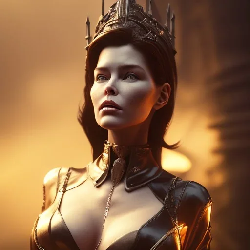 Lara Flynn Boyle as evil queen in black leather, leather, busty, cleavage, angry, stern look. character design by cory loftis, fenghua zhong, ryohei hase, ismail inceoglu and ruan jia. unreal engine 5, artistic lighting, highly detailed, photorealistic, fantasy