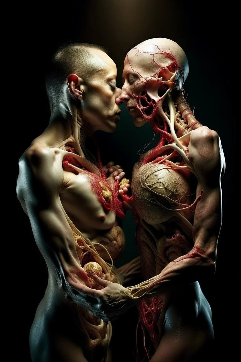 cinematic gore photorealistic fleshy dmt lsd photo of 2 bodies making love, 1 male 1 female, 1 soul, complementary, anatomically fragmented, ripped apart again being flayed, skinned alive. A beating heart, muscles, blood vessels, bowels, entrails are exposed. anatomy. physiology. Bosch and Dali inspired hallucinations. mythology. grotesque.