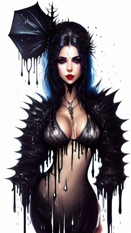 Full body and headshot of a young gothic woman dressed in clothing dripping like liquid, with no hat, with a multiverse background