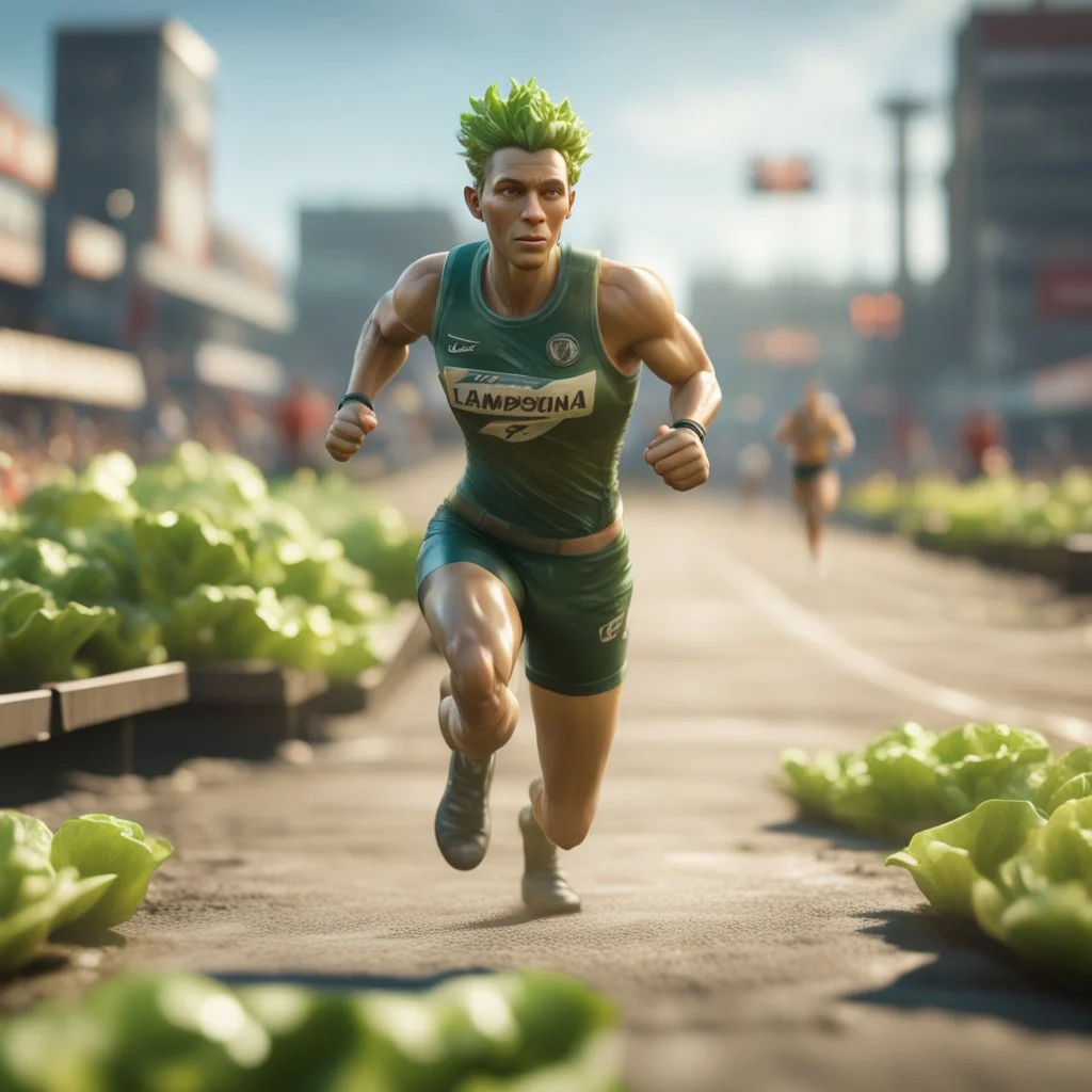 100 m championship running on lettuce, in the style of a fallout 4,bokeh like f/0.8, tilt-shift lens 8k, high detail, smooth render, down-light, unreal engine, prize winning