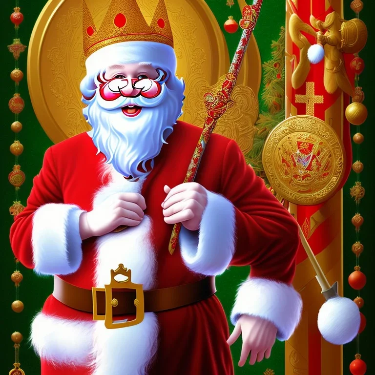 mdjrny-v4 Santa Clause is an Orthodox Russian ruler, with a crown and a sword, he's at a North Pole Kremlin with his favorite monkey and bear, photograph