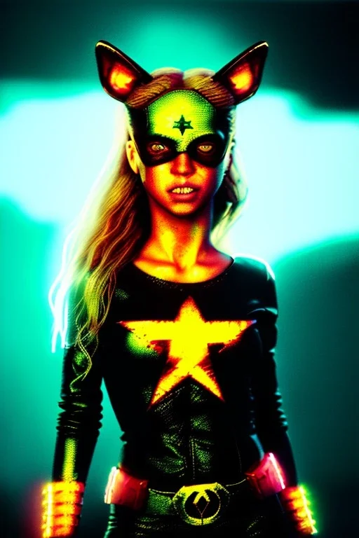 portrait, Shakira, blonde, angry, Realistic image, superhero, watchmen style, make-up, gold make-up, sweat, fog, goddess style, Neon colors, leds. Black background, photo studio, concept art, smooth, unreal engine 5, god lights, ray tracing, RTX, lumen lighting, ultra detail, volumetric lighting, 3d, finely drawn, high definition, 4k.