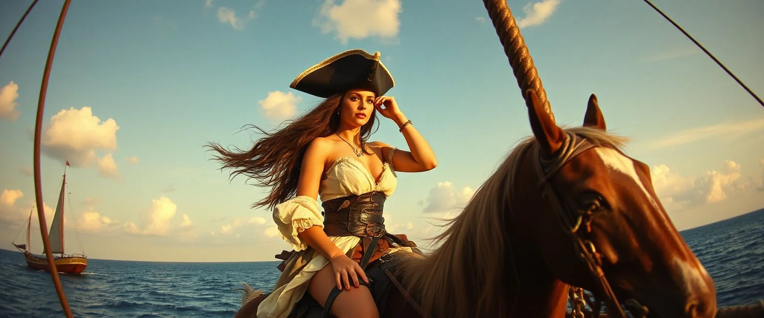 pin hole cam, master oil painting by Rembrandt, good afternoon scary hot seductive piratress merchant swashbuckler on stallion on ship