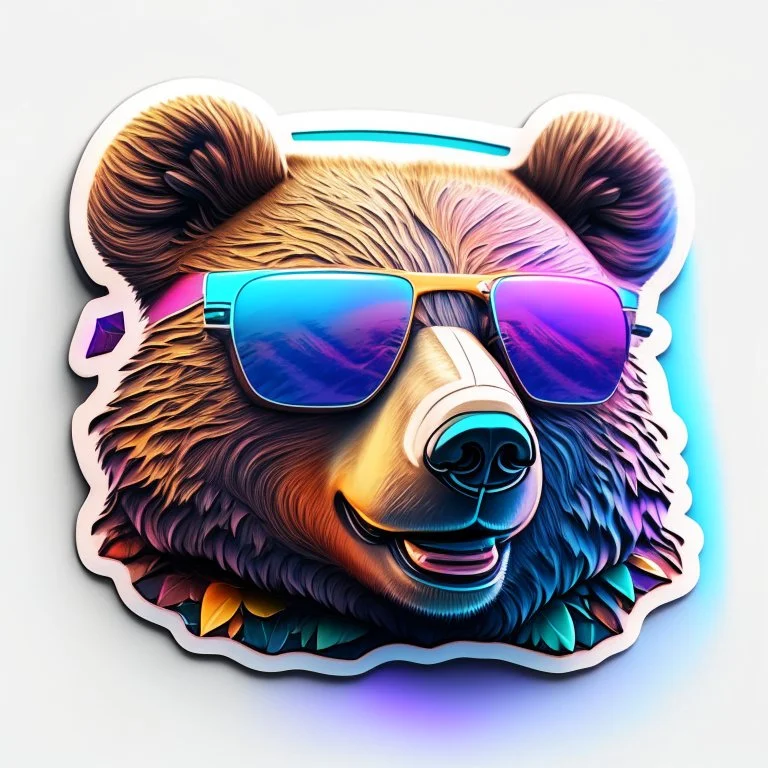 sticker on white background, 3d Head of a Bear with sunglasses, psychedelic, octane render, unreal engine 5, DMT art, funny, smiling