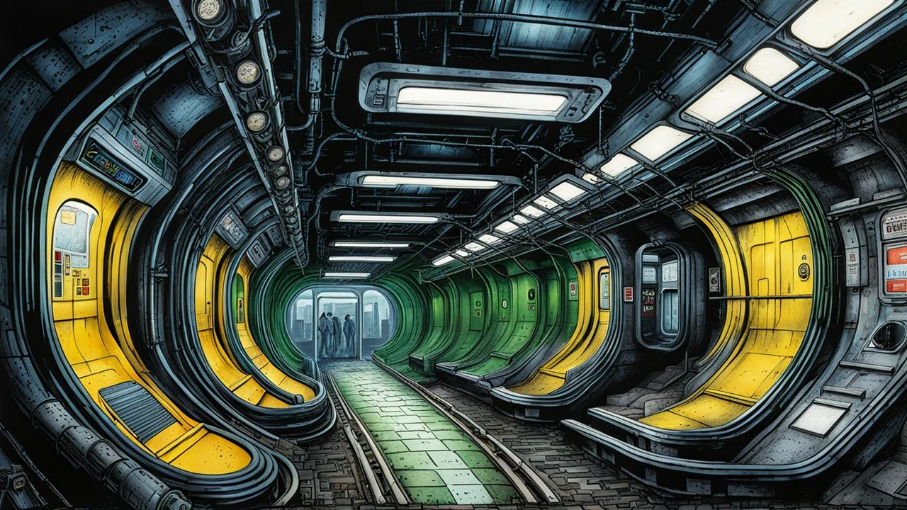 create a wildly conceptual illustration of a highly detailed irradiated, fetid, gaseous and decayed future underground subway system under a poisonous gloom utilizing asymmetric structural forms, in the sci fi art style of Don Maitz, , finely textured, drawn, colored, and inked