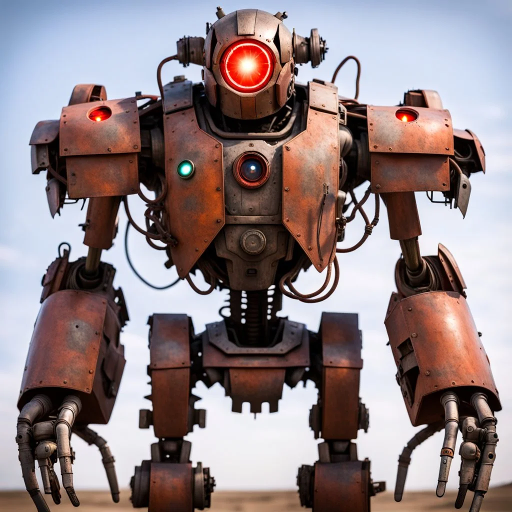 trash mech suit, human-sized, made of scrap metal, cockpit in chest cavity, light rust, round, one red glowing eye, loose wires, escape hatch