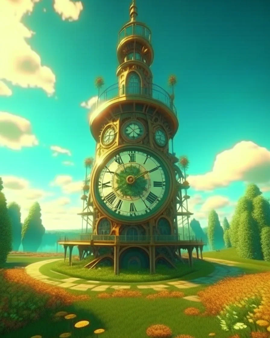 Create a 3d fractal base huge clock on a beautiful tower in a modern town with country houses and green field flowers , with see throgh golden gears rotating , showcasing a harmonious and synchronized movement. fast time passing in a beautiful nature environment