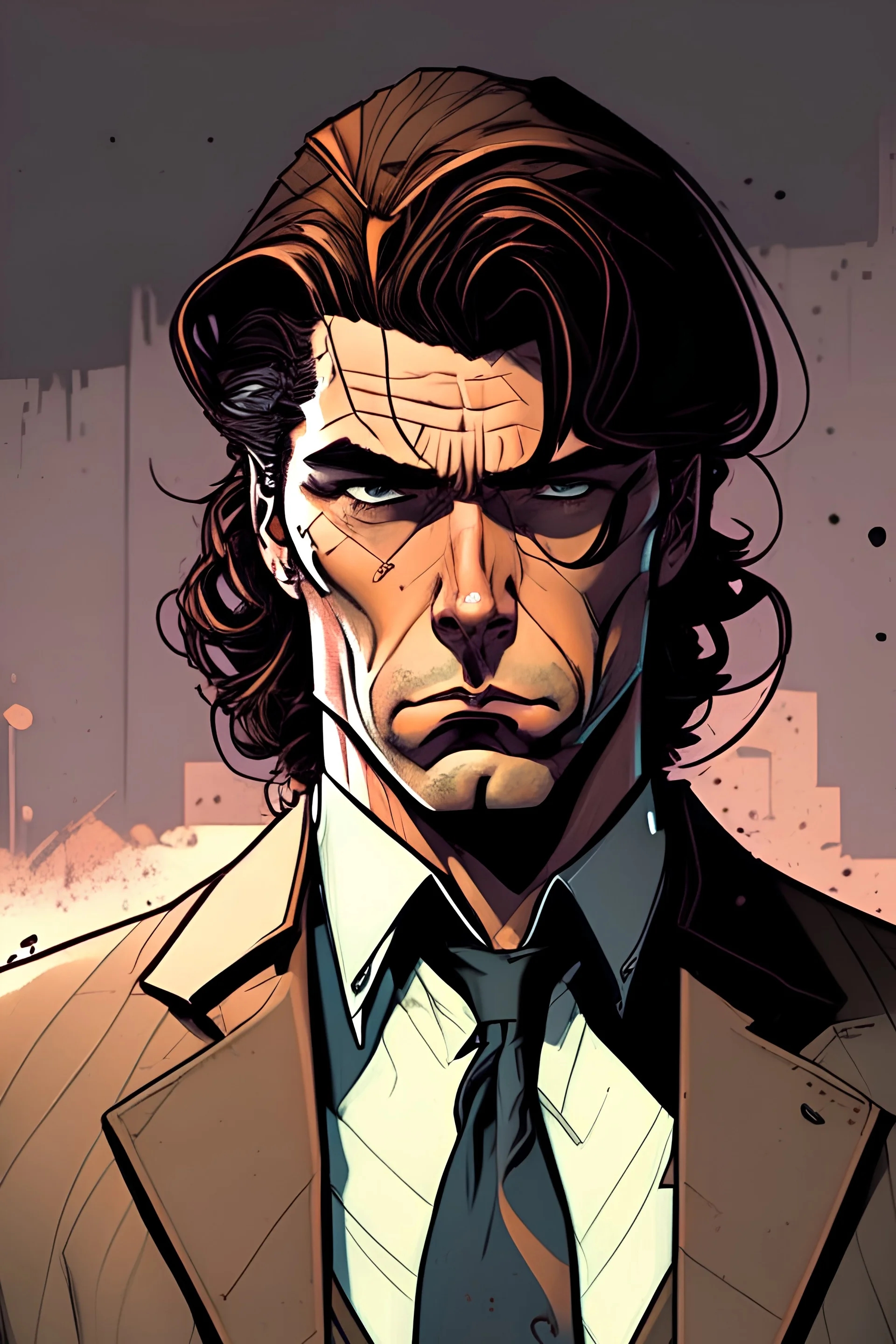 A man looking serious in a suit with brown hair in a comic style but now he looks like he's been on drugs, cyberpunk