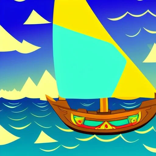 Small wooden ship, with bright sails, Legend Of Zelda: Wind Waker style, on a vast ocean, stylized, colorful, adventurous, full view.