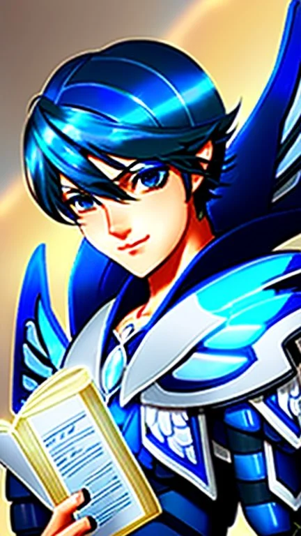 a human male with blue short hair and blue wings in assymetrical armor with geometric patterns and a book in hand