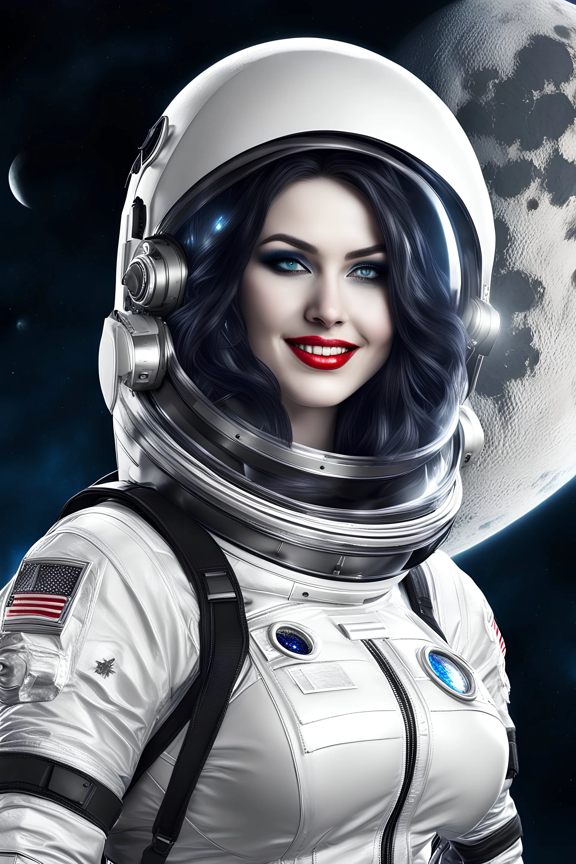 sweet pretty woman, good body, big bubs, good blue eyes, long black and white haired, front angle, wearing a futuristic astronaut costume, smile, intense look, nerd style, tatoo woman, piercings, red make-up, scratched make-up, she is stay on moon, view the earth behind, intrincate details, high definition picture, render, master piece, night sky background, no deformed body, no extra arms, no extra feets, no extra fingers.