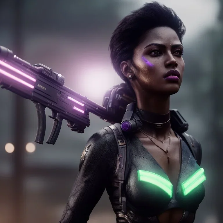 full face shot, masterpiece, best quality, dark skinned, sparkling eyes, fluorescent skin,purple-dark makeup, armed with guns, highly detailed body, sun light, 4K, RAW, depth of field, high contrast, realistic details, 24mm