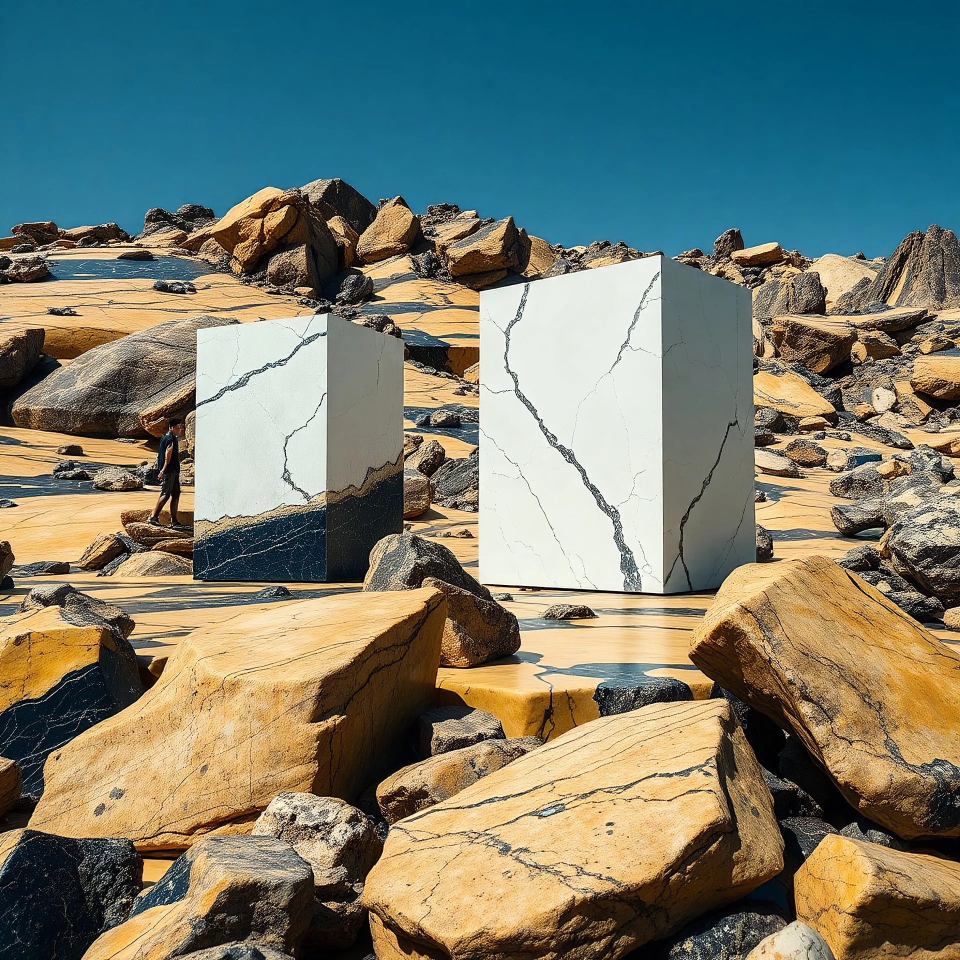 Un'immagine di un paesaggio naturale con marmi gialli e blu scuro, imponenti, accanto a strutture artificiali. Queste strutture sono blocchi rettangolari riflettenti, che creano un contrasto tra il naturale e l'artificiale. Elementi brutalisti si ergono solitari. Persona osserva. bianco con venature e solchi. Magma liquido nero. La scena trasmette un senso di sospensione e dialogo tra elementi organici. Dettagli degli specchi e delle rocce molto accentuati.