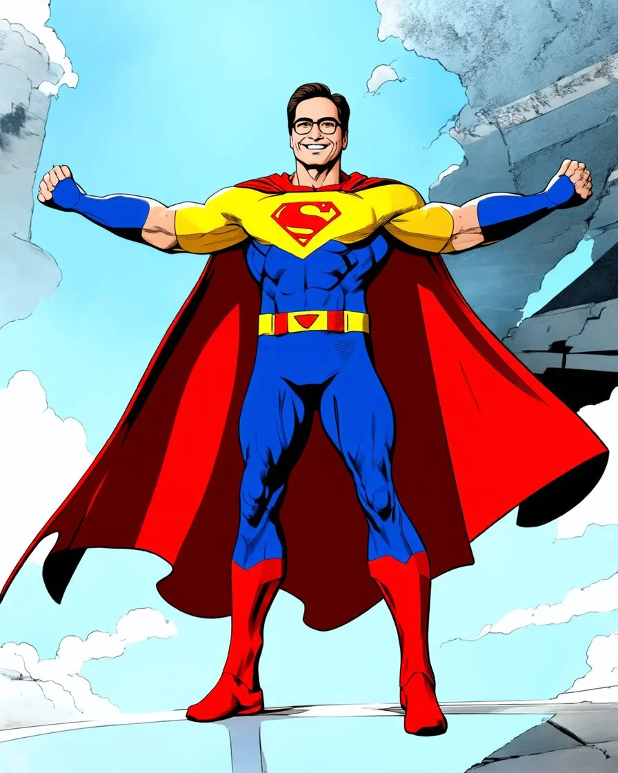 Stunning illustration in ultra high definition 4K of Gustavo Petro as a superhero, with a cape with the colors of the Colombian flag yellow, blue and red. Superhero Petro has a chiseled face, a confident smile, and a strong, muscular build. Standing tall, arms outstretched, cape billowing behind him. The superhero costume is stylish and modern, with the letter "P" on the chest. The background is a futuristic and dystopian cityscape