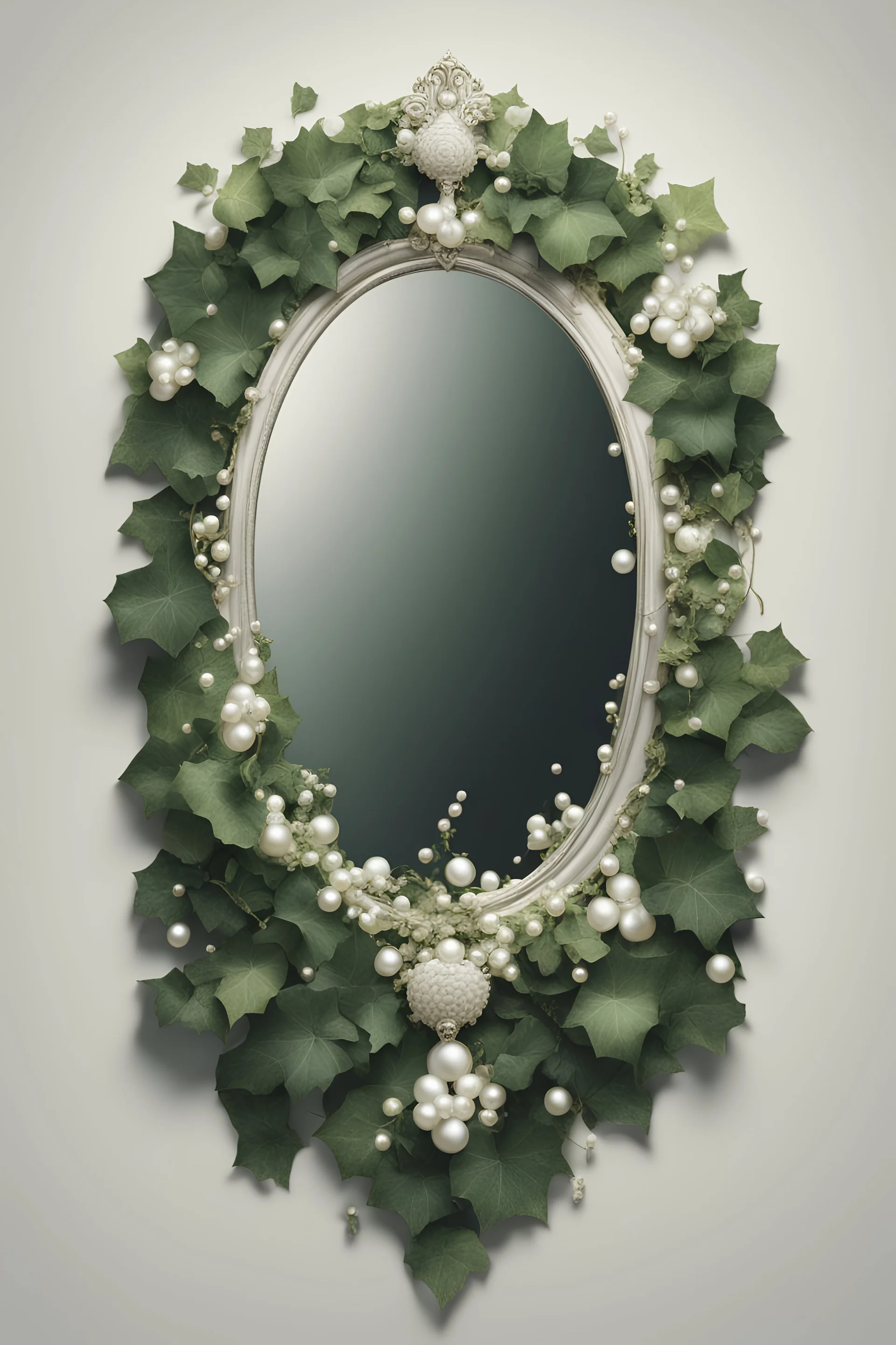 Create an Artwork of a Mirror with ivy and pearls, Like a Logo for a Varasity Jacket,