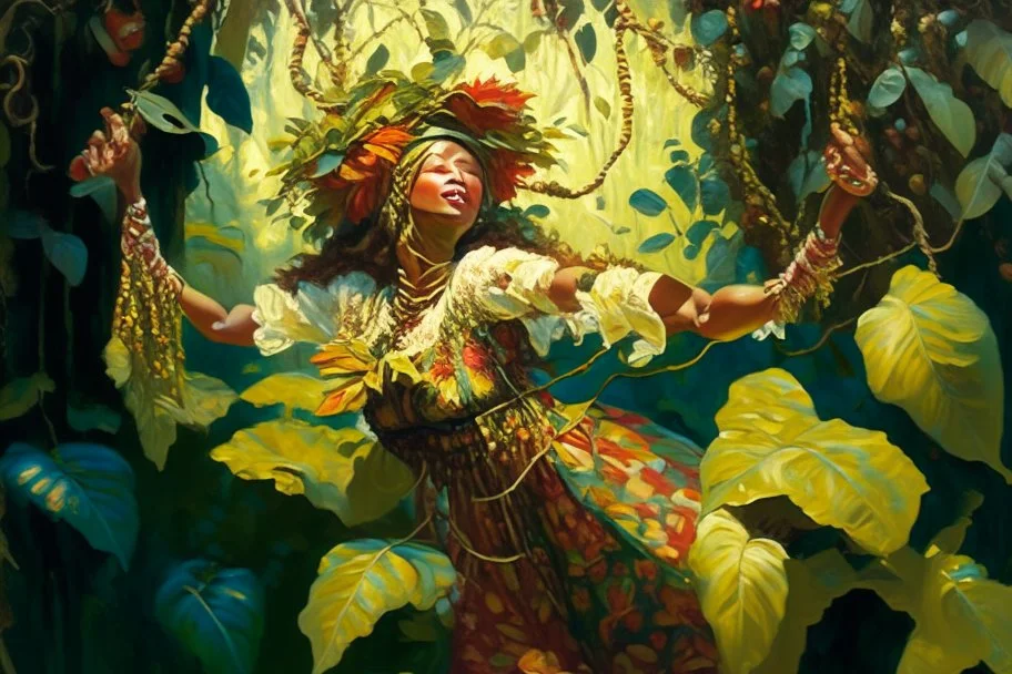 a lush jungle, a woman dressed in embroidered folk costume with a beaded bonnet on her head holding on to a vine with one hand while swinging across and reaching for the next vine with the other, dynamic movement, sunshine, oil on canvas