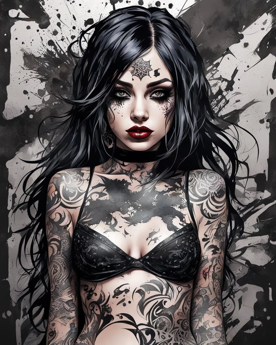 Petit girl goth many tattoos on his body, lying pose, halfbody, PAPERCUT style portrait, multi layered metalics and rough texture, paint splashes and streaks and blotches industrial,