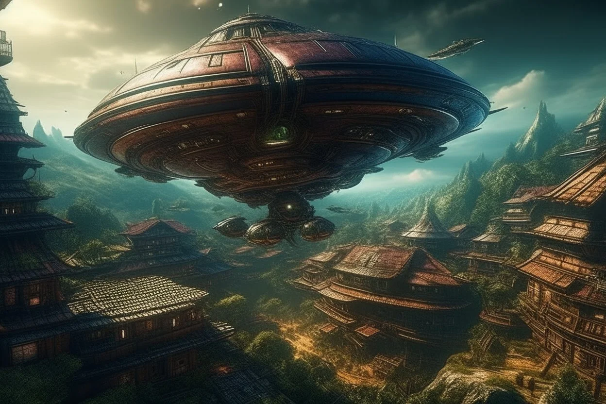 "UFO starship “- flying over a cyberpunk medieval village - ultra high quality, sharp focus, focused, high focus, very sharp, high definition, extremely detailed, hyperrealistic, intricate, fantastic view, very attractive, fantasy, imperial colors, colorful