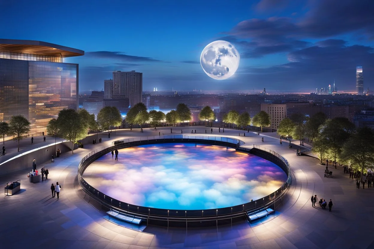 a big open disko stage in modern city center environment , at distance,blue sky pretty clouds ,night,moon light .