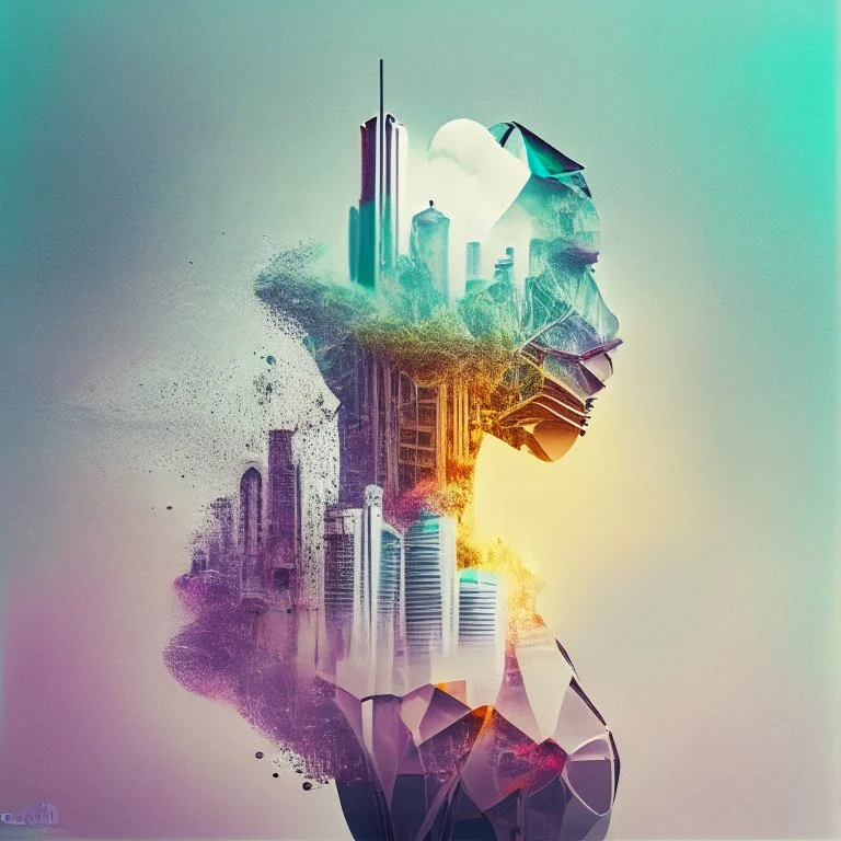 smoke, smog, city scape with pollution, double exposure photography, colourful nature, clean sharp focus, on white background, Fractal Geometry buildings, sacred geometry