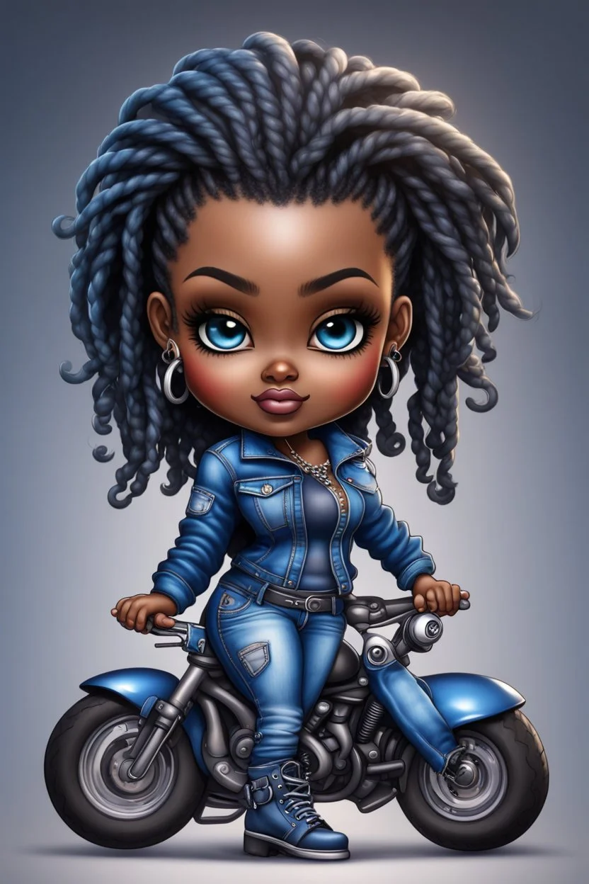 create an airbrush illustration of a chibi cartoon voluptuous black female wearing a blue jean outfit with biker boots. Prominent make up with hazel eyes. Extremely highly detail of a short and shiny twisted dreadlocks. Background of a bike show.