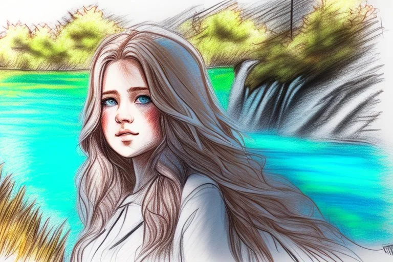 vibrant sketch, cute chibi blue eyed blonde-brown haired woman in Plitvice S<AI in sunshine, shading pastel and charcoal