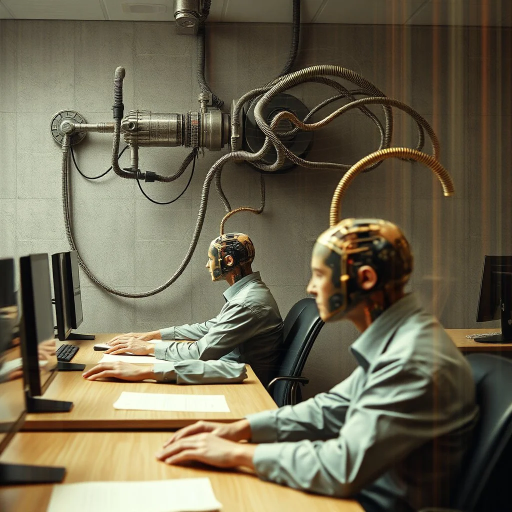 sci-fi fantastical photograph with over-exposure corruptions, by Anton Semenov, surreal, biomechanical cordage tubes running from a strange grinder in the wall twisting to attach into the front and out the back of workers heads sitting rigidly in office desks, profound, absurd, hi res, sharp focus