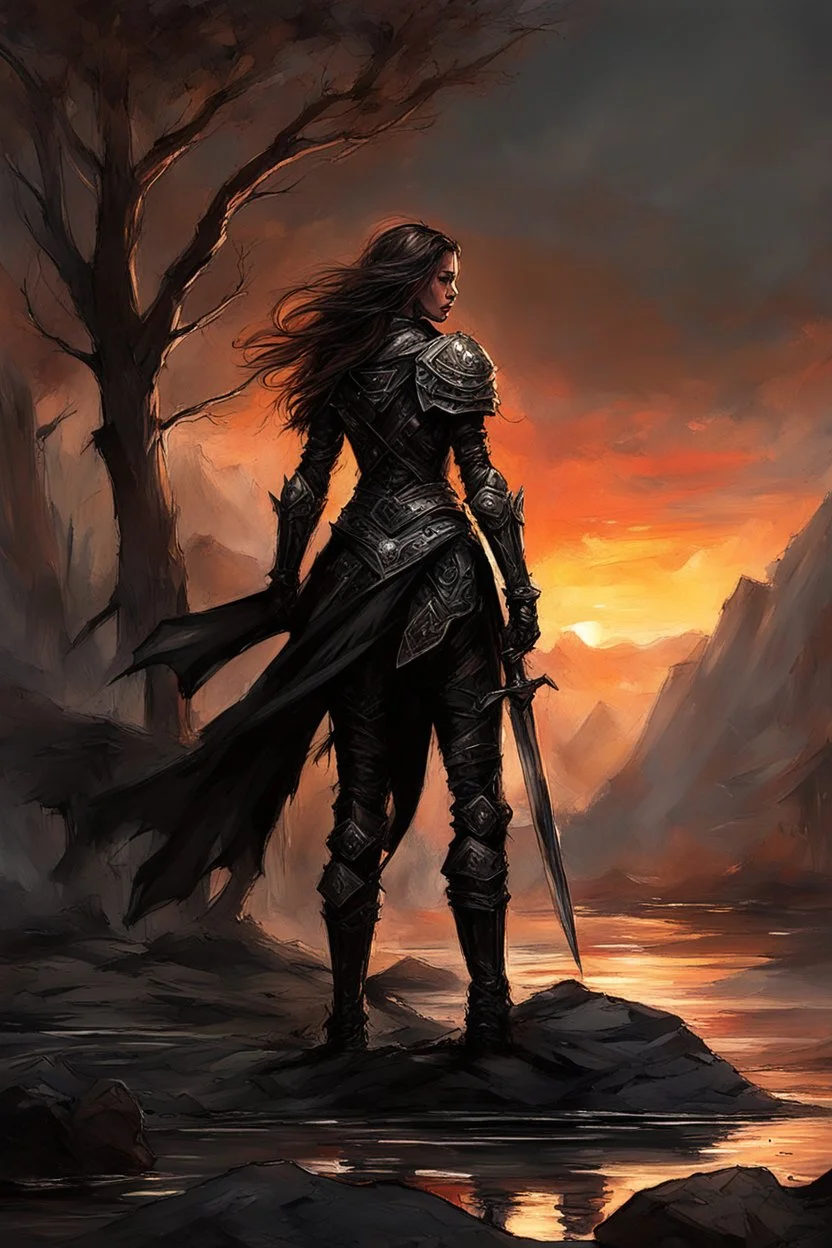 A formidable warrior girl in black armor, on the background Amazing gloomy landscape, flooded with sunset, mountains, trees, fabulous scary hero, , juicy emotions, painting, dark fantasy, gloomy day, dark world, portrait, by James Paick & Anna Razumovskaya