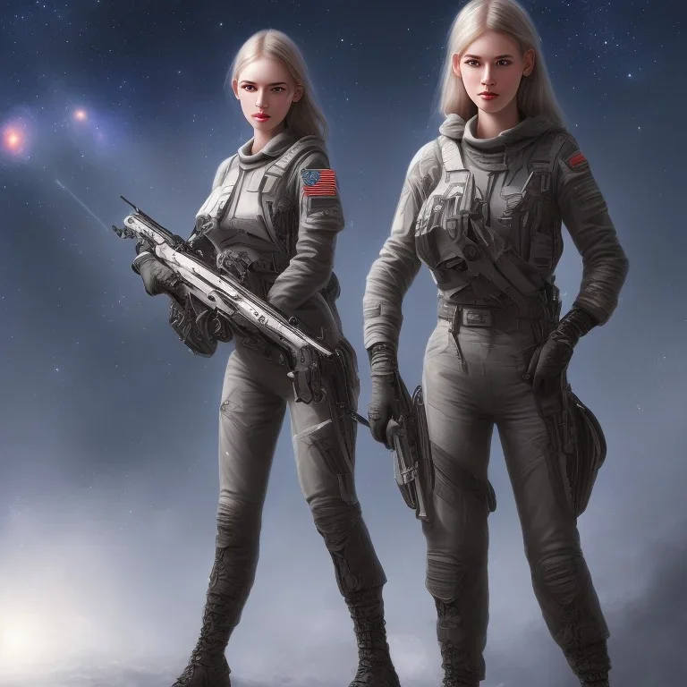 A girl with a beautiful and large military rifle in the galactic space