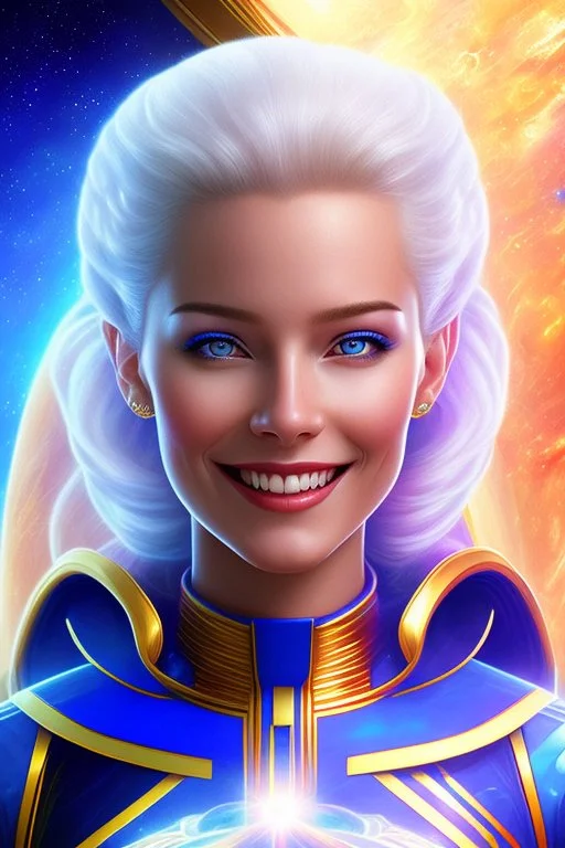 young cosmic woman smile, admiral from the future, one fine whole face, large cosmic forehead, crystalline skin, expressive blue eyes, blue hair, smiling lips, very nice smile, costume pleiadian,rainbow ufo Beautiful tall woman Galactic commander, ship, perfect datailed golden galactic suit, high rank, long hair, hand whit five perfect detailed finger, amazing big blue eyes, smilling mouth, high drfinition lips, cosmic happiness, bright colors, blue, pink, gold, jewels, realistic