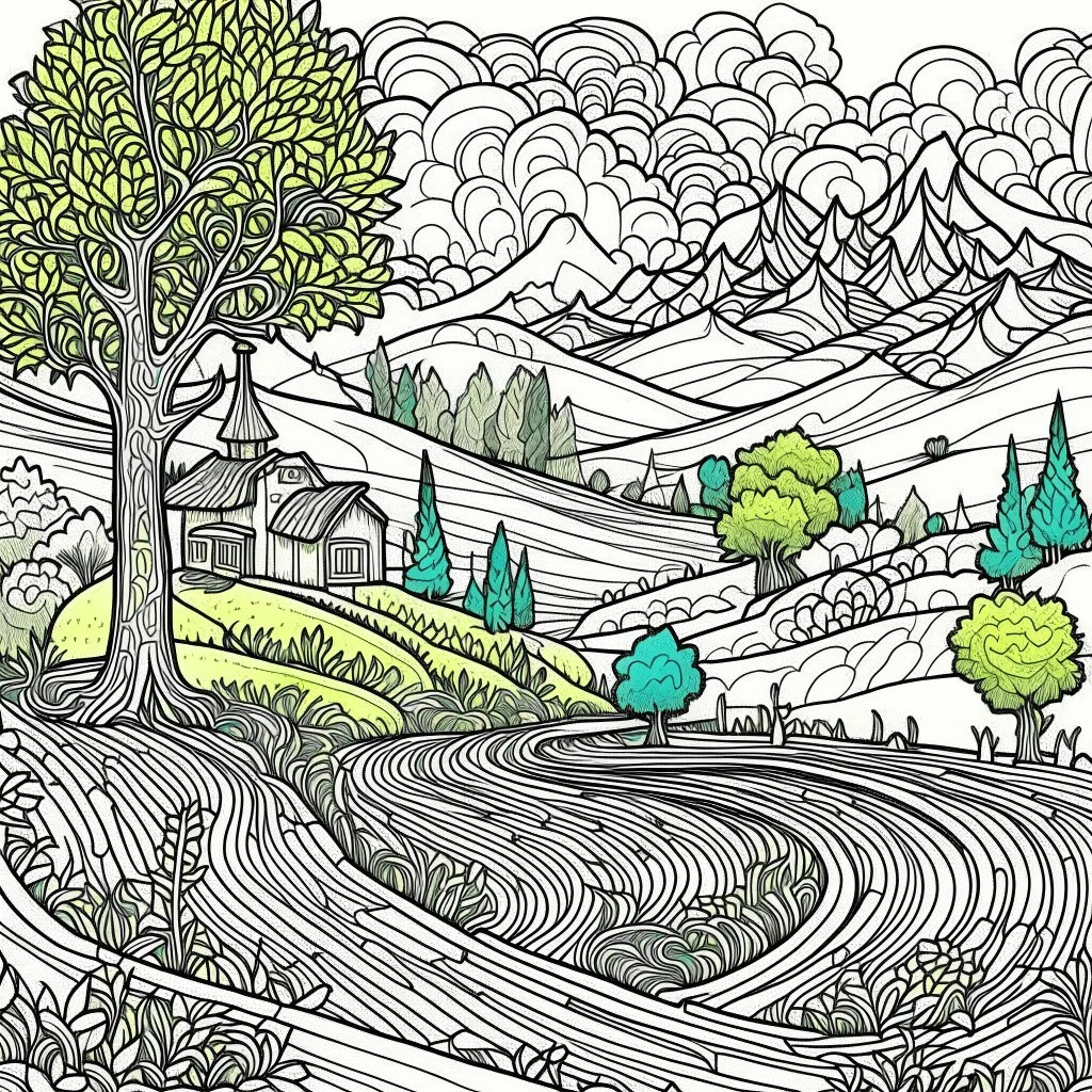 Outline art for coloring page with a cute mountain landscape white background, sketch style, only use outline, clean line art, white background, no shadows, clear outline reprezentand o imagine pe tema halucinatiilor provocate de droguri , cu culori primare tari, fantezie de înaltă definiție calitate clară, stiluri de Utagawa Hiroshige, Paul Klee Dee Nickerson și Tim Burton, acuarelă topită și contururi de cerneală neagră pe hârtie umedă, linii moi, umbrite