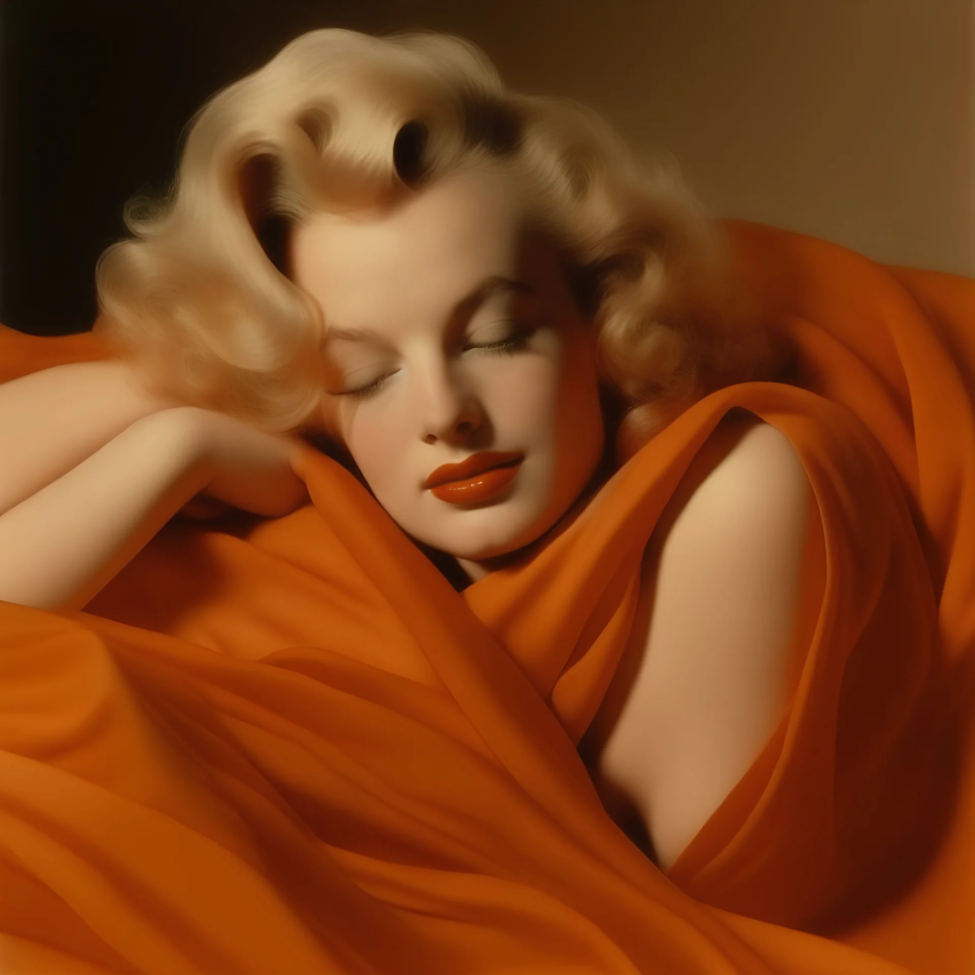 A photograph of marilyn monroe, eyes half closed, with bed hair, melancholy, no make up, in the style of milton greene, pale shiny orange silk scarf around her shoulders,beige bacground